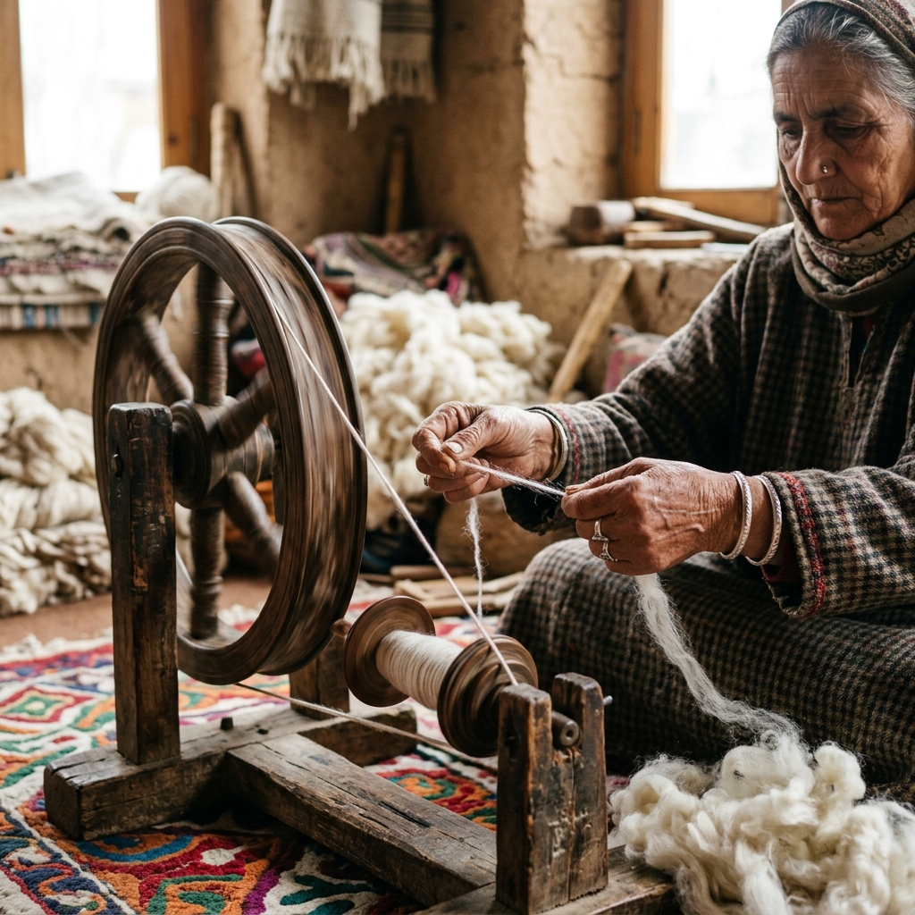 Hand-spinning pashmina fibre on a yinder