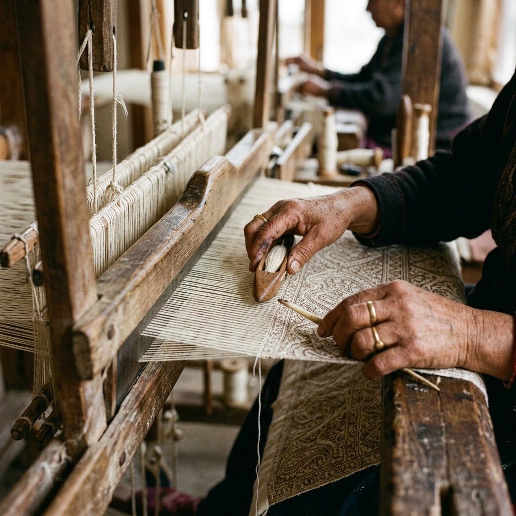 Pashmina weaver at a pit-loom